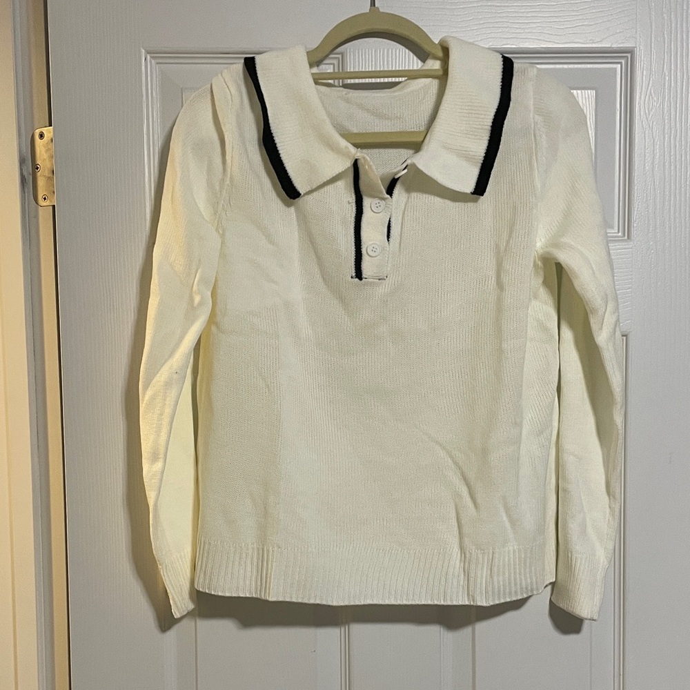 Cream Knit Polo Sweater with Black Trim